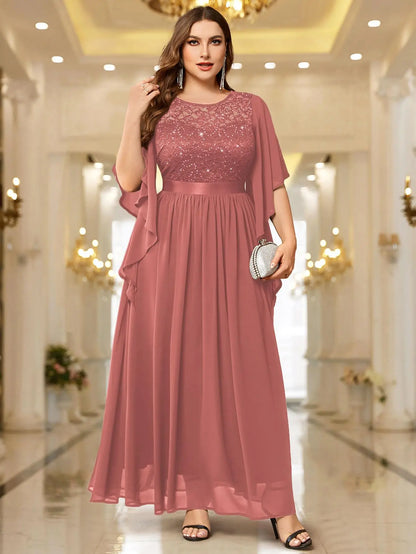 Sequin Lace Flared Sleeve Chiffon Maxi Gown – Elegant Formal Evening Dress