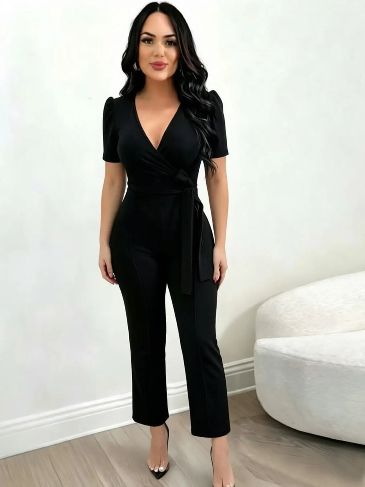 High Waist Belted Puff Sleeve Jumpsuit – Deep V-Neck Wrap Jumpsuit