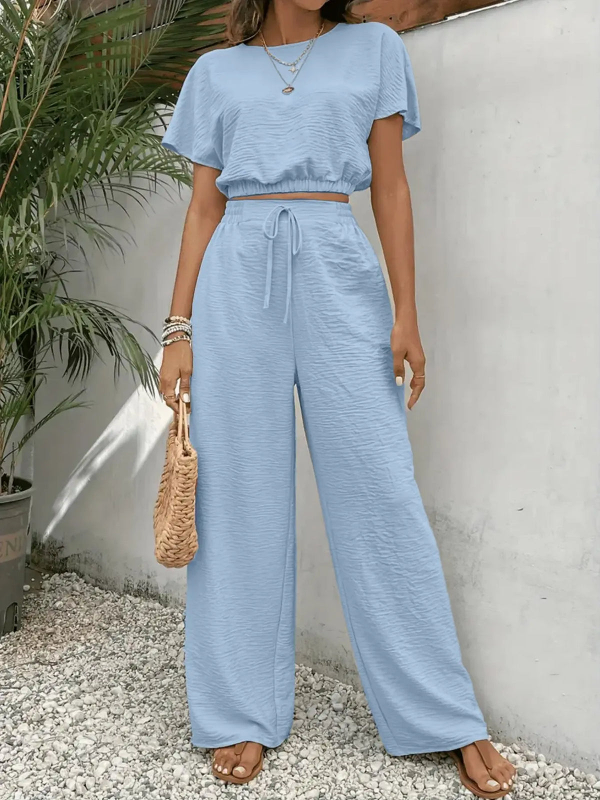 Round Neck Top & Wide Leg Pants Set – Casual Drawstring Two-Piece