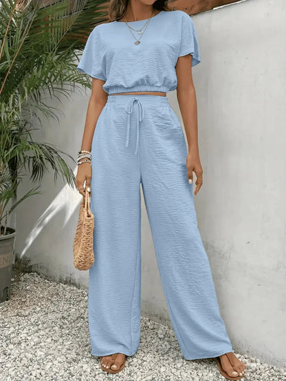 Round Neck Top & Wide Leg Pants Set – Casual Drawstring Two-Piece