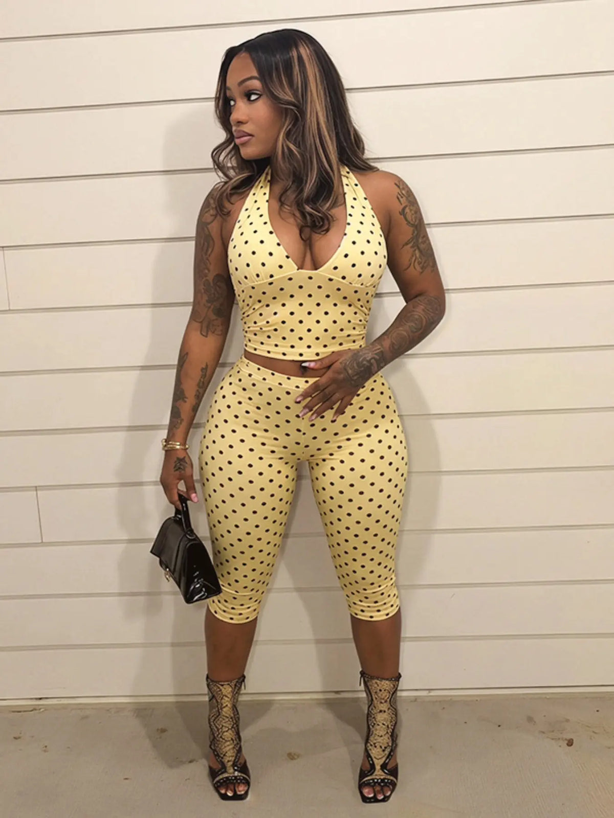 Polka Dot Halter Neck Top & Capri Leggings Set – Slimming Two-Piece