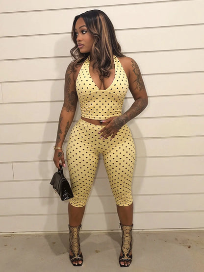 Polka Dot Halter Neck Top & Capri Leggings Set – Slimming Two-Piece