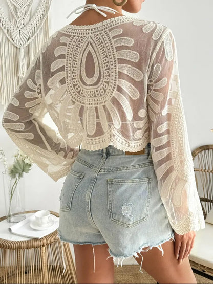 Boho Sunflower Cover-Up Lightweight Mesh Lace Top with Long Sleeves