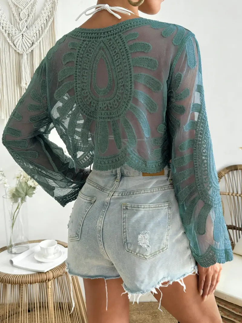 Boho Sunflower Cover-Up Lightweight Mesh Lace Top with Long Sleeves