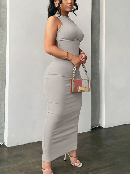 Backless Criss-Cross Bodycon Dress – Round Neck Cutout Long Dress
