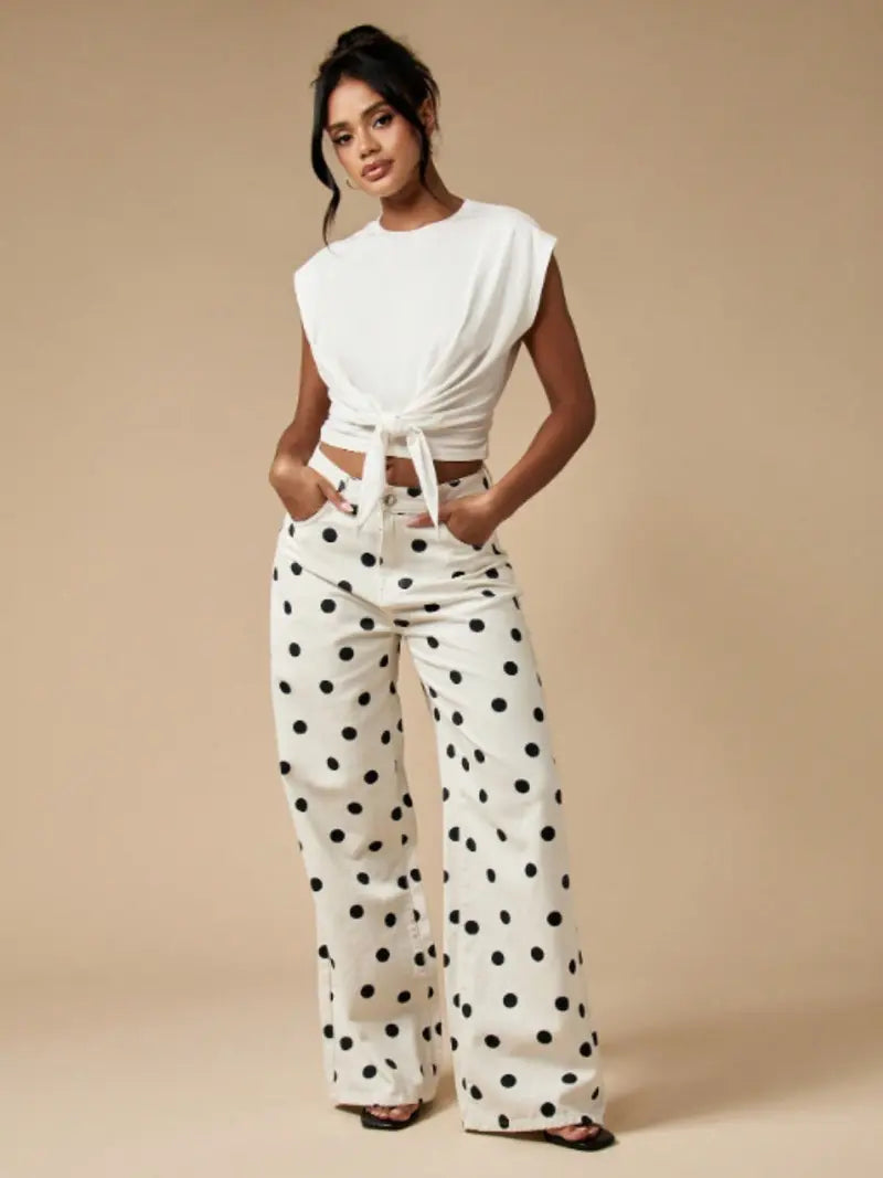 Abstract Polka Dot Wide Leg Pants – High Waist Bohemian Trousers with Pockets