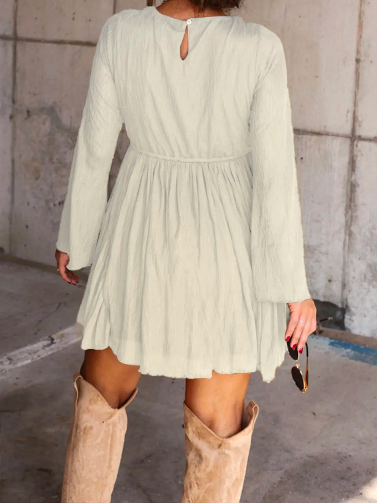 V-Neck Long Sleeve Mini Dress with Pants Lining – Vintage Chic Dress
