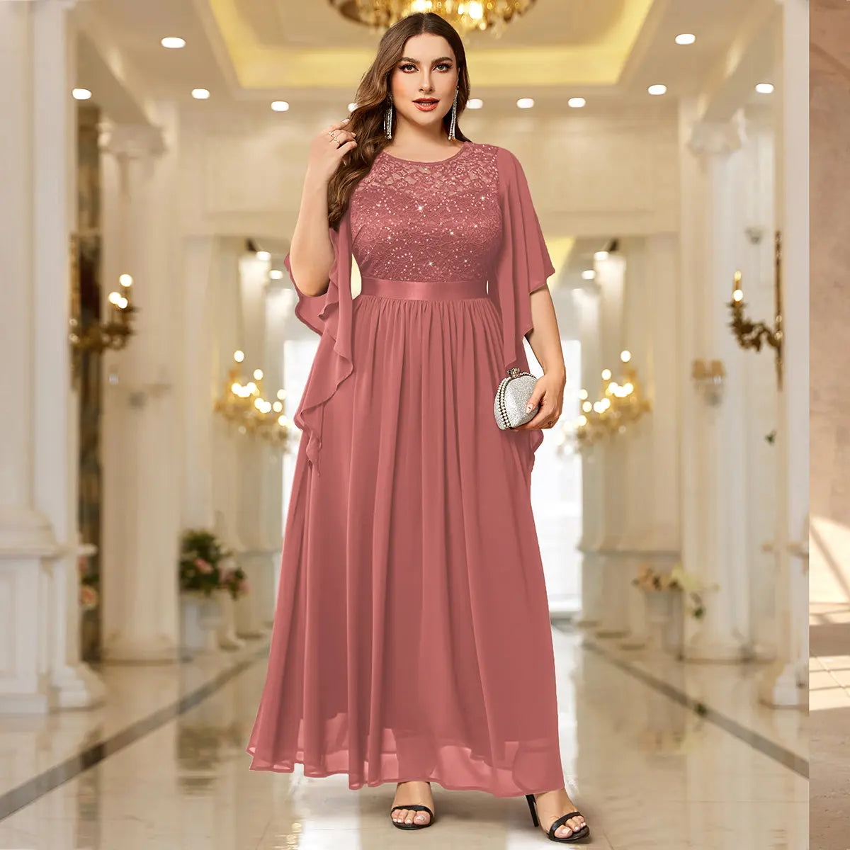 Sequin Lace Flared Sleeve Chiffon Maxi Gown – Elegant Formal Evening Dress