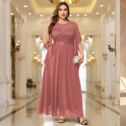 Sequin Lace Flared Sleeve Chiffon Maxi Gown – Elegant Formal Evening Dress