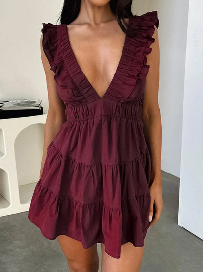 Ruffled Deep V-Neck Fitted Dress – Casual Summer Essential