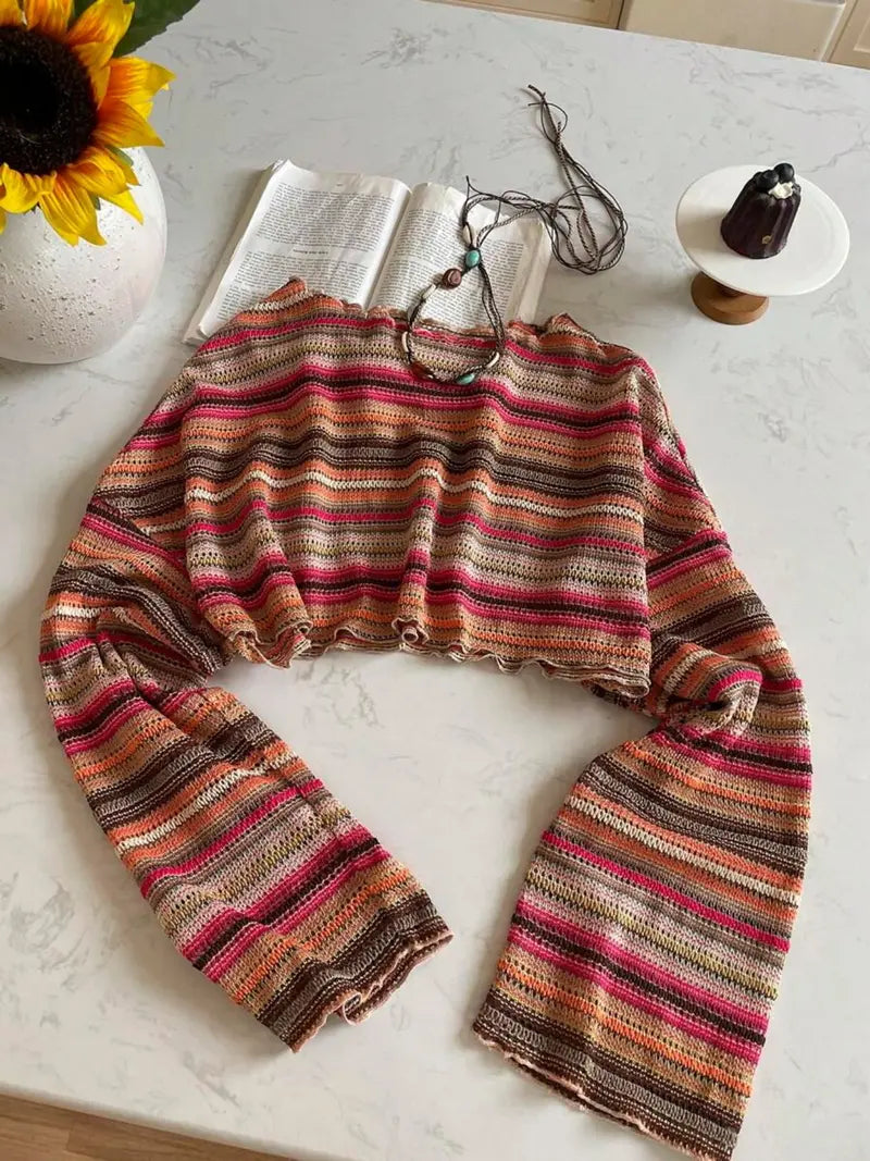 Colourful Striped Knit Top – Textured Flare Sleeve Pullover