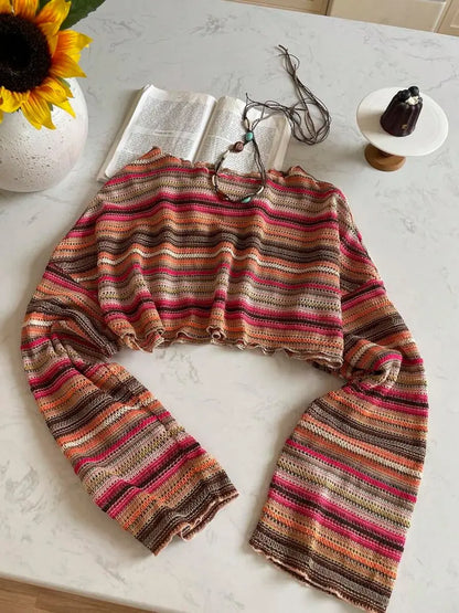 Colourful Striped Knit Top – Textured Flare Sleeve Pullover
