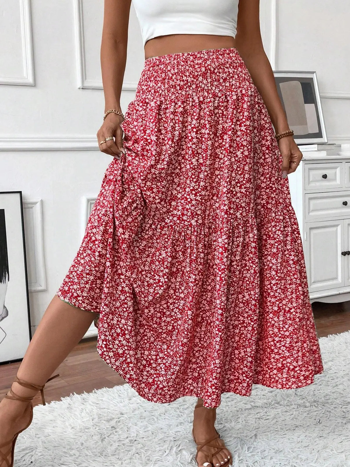 Layered Cake Ditsy Floral Long Skirt – Loose A-Line Elegant Skirt