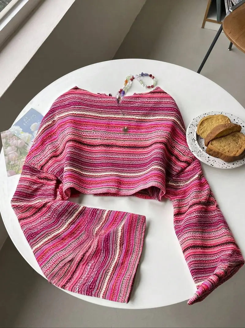 Colourful Striped Knit Top – Textured Flare Sleeve Pullover