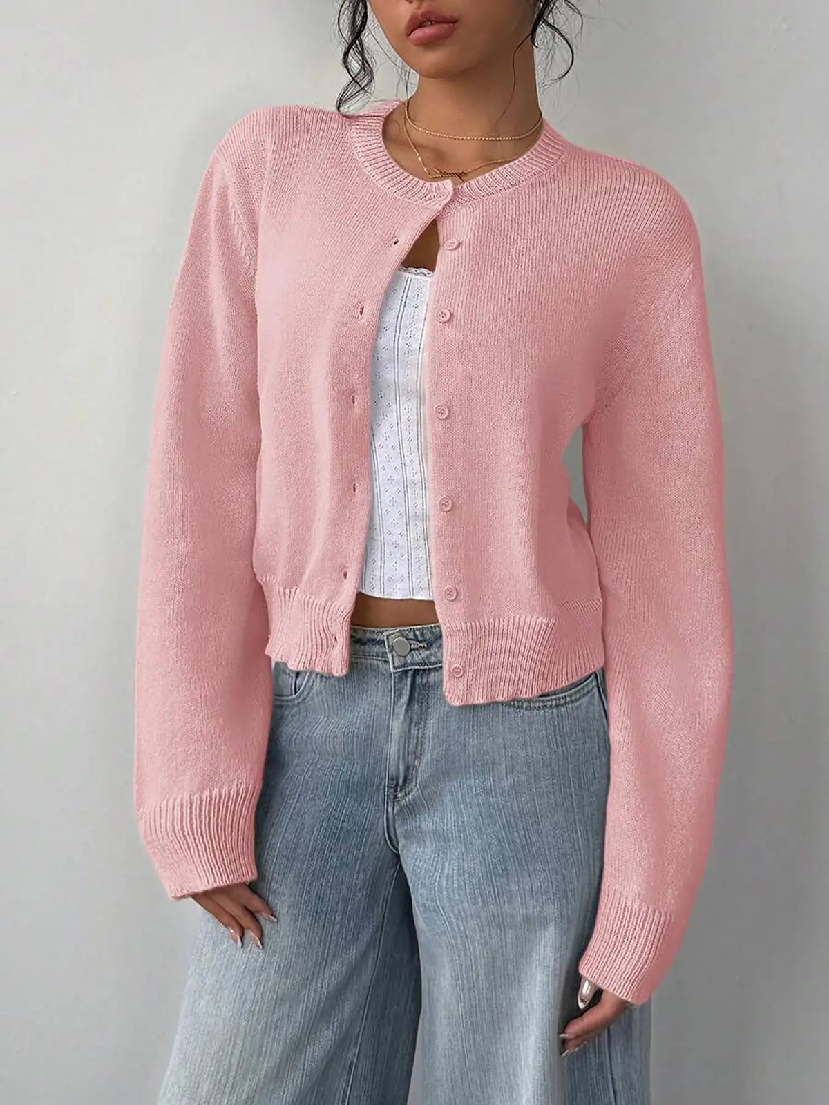 Button Front Sweater Cardigan – Fitted Long Sleeve Knit Cardigan