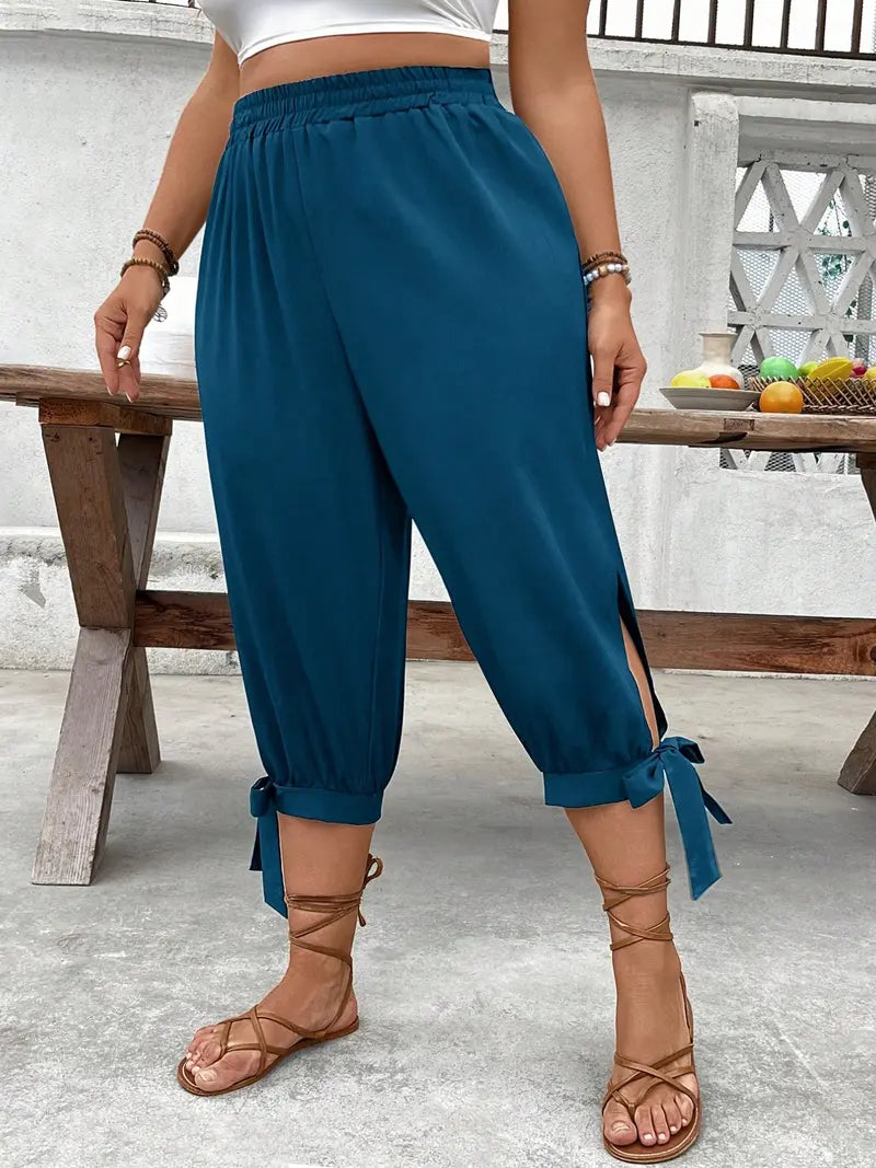 Wide-Leg Capri Pants - Casual Elastic Waist Trousers with Side Slit & Bow Detail