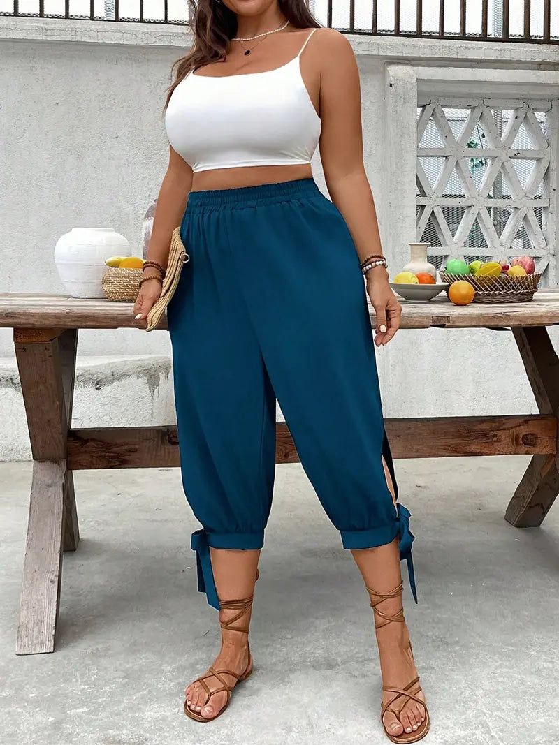 Wide-Leg Capri Pants - Casual Elastic Waist Trousers with Side Slit & Bow Detail