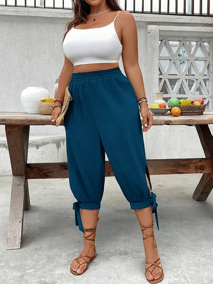 Wide-Leg Capri Pants - Casual Elastic Waist Trousers with Side Slit & Bow Detail