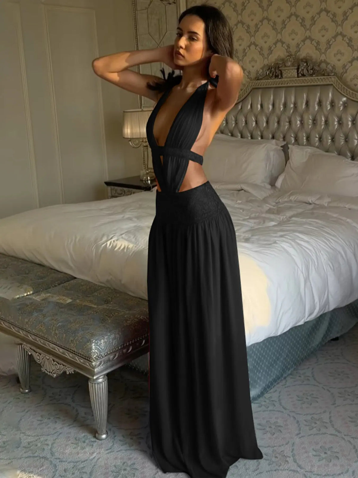 Deep V-Neck Halter Bodycon Dress – Backless Ruched Party Dress