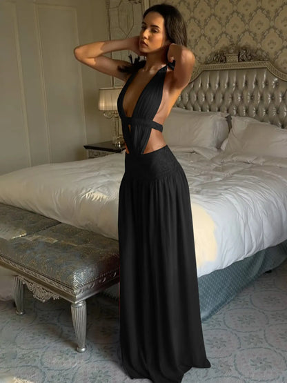 Deep V-Neck Halter Bodycon Dress – Backless Ruched Party Dress