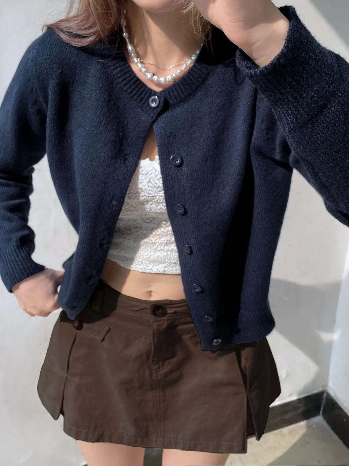 Button Front Knit Cardigan – Round Neck Long Sleeve Sweater