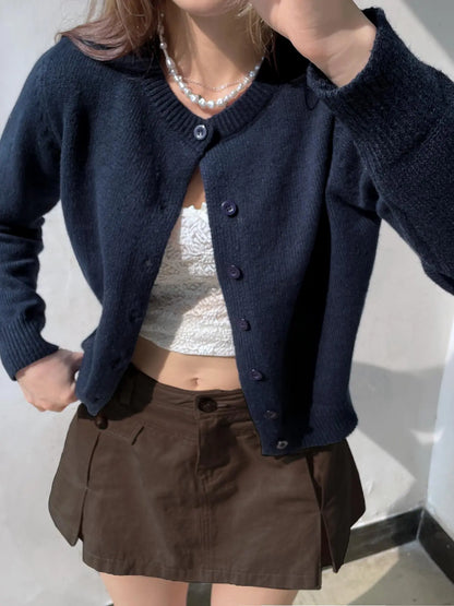 Button Front Knit Cardigan – Round Neck Long Sleeve Sweater