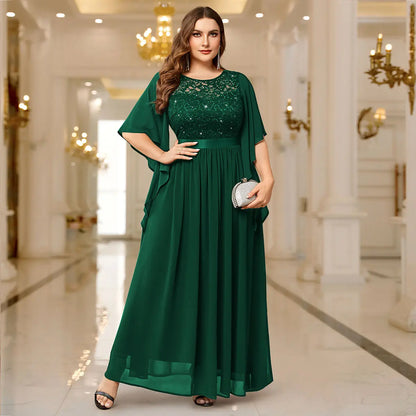 Sequin Lace Flared Sleeve Chiffon Maxi Gown – Elegant Formal Evening Dress