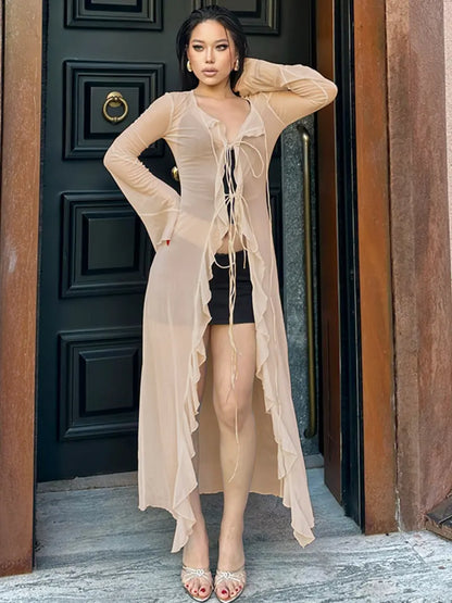 Sheer Mesh Long Cardigan – Ruffle Trim Tie-Front Cover-Up
