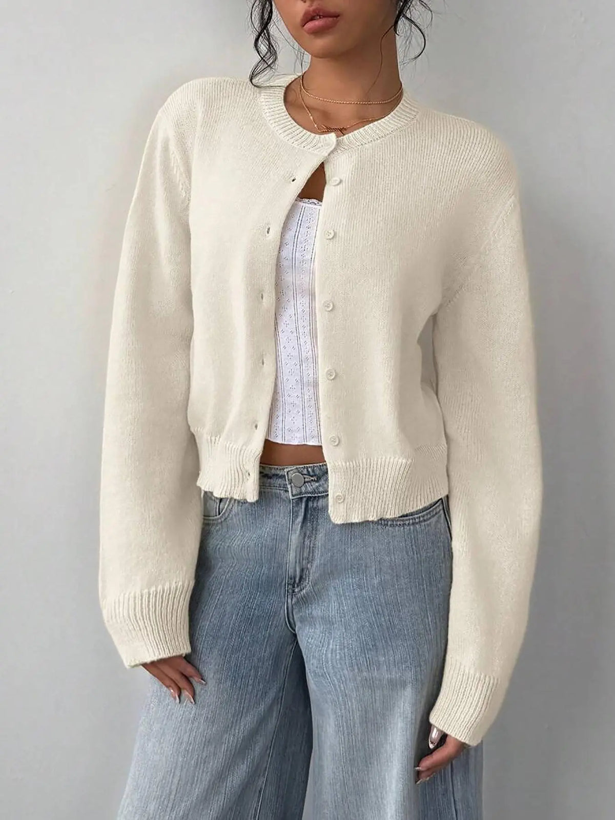 Button Front Sweater Cardigan – Fitted Long Sleeve Knit Cardigan