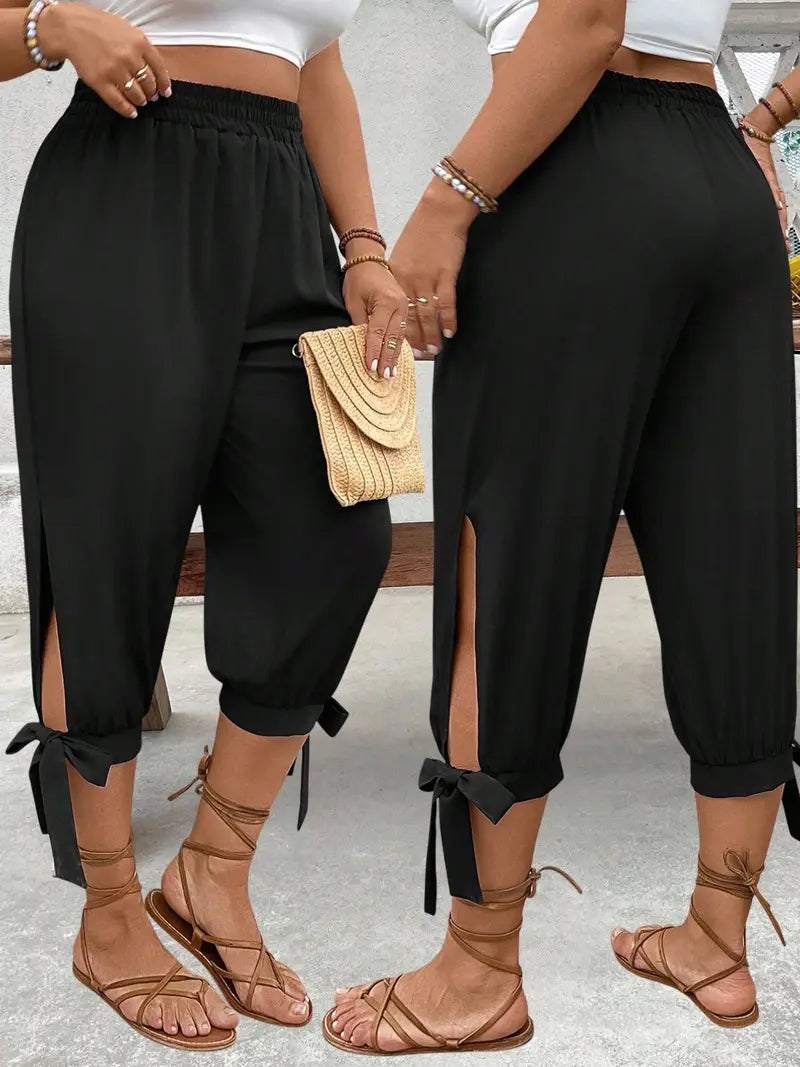 Wide-Leg Capri Pants - Casual Elastic Waist Trousers with Side Slit & Bow Detail