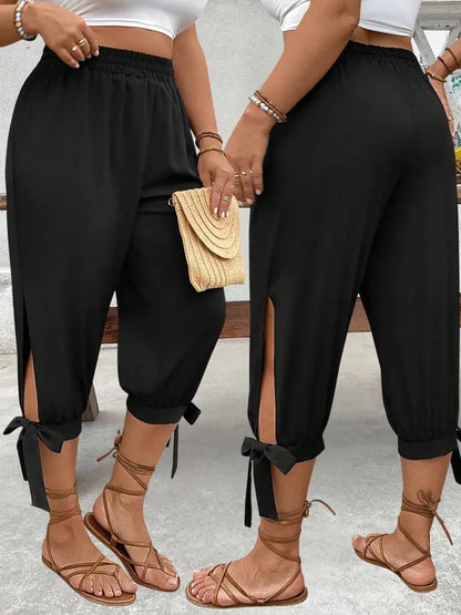 Wide-Leg Capri Pants - Casual Elastic Waist Trousers with Side Slit & Bow Detail