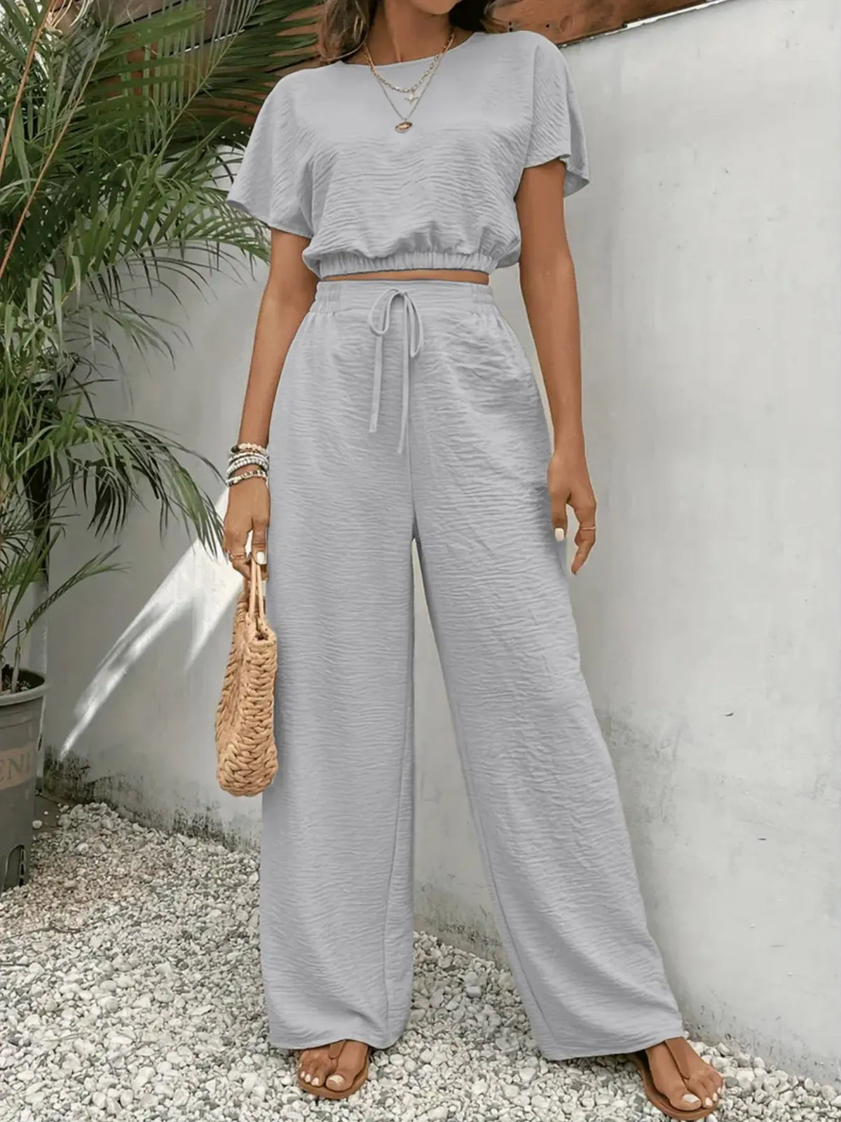 Round Neck Top & Wide Leg Pants Set – Casual Drawstring Two-Piece