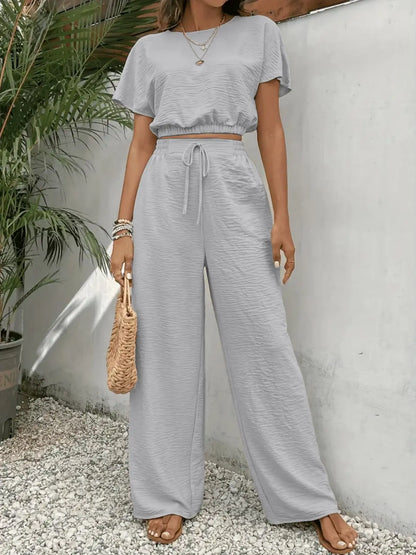 Round Neck Top & Wide Leg Pants Set – Casual Drawstring Two-Piece