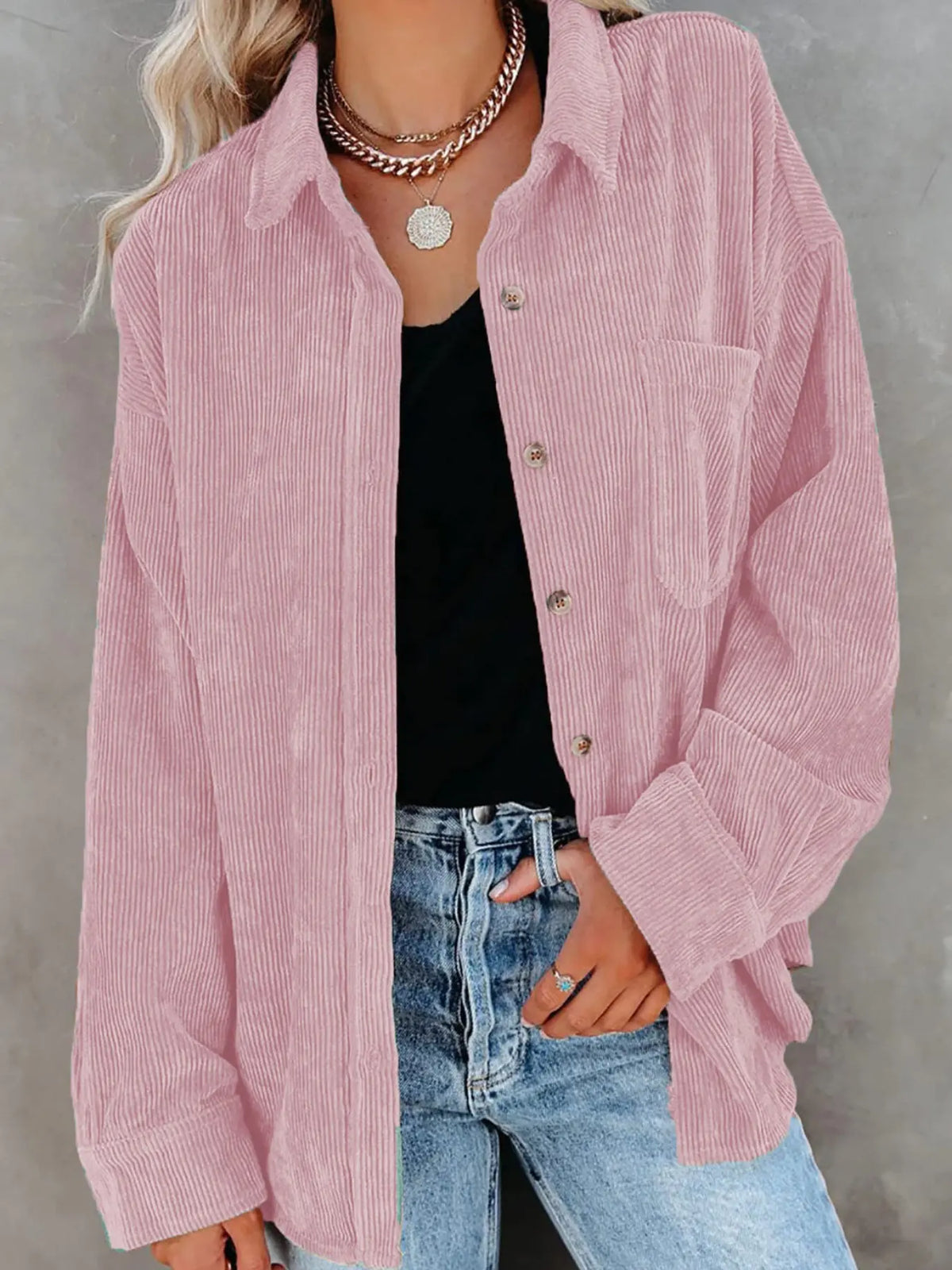 Corduroy Button Collared Blouse – Oversized Long Sleeve Shirt with Pocket