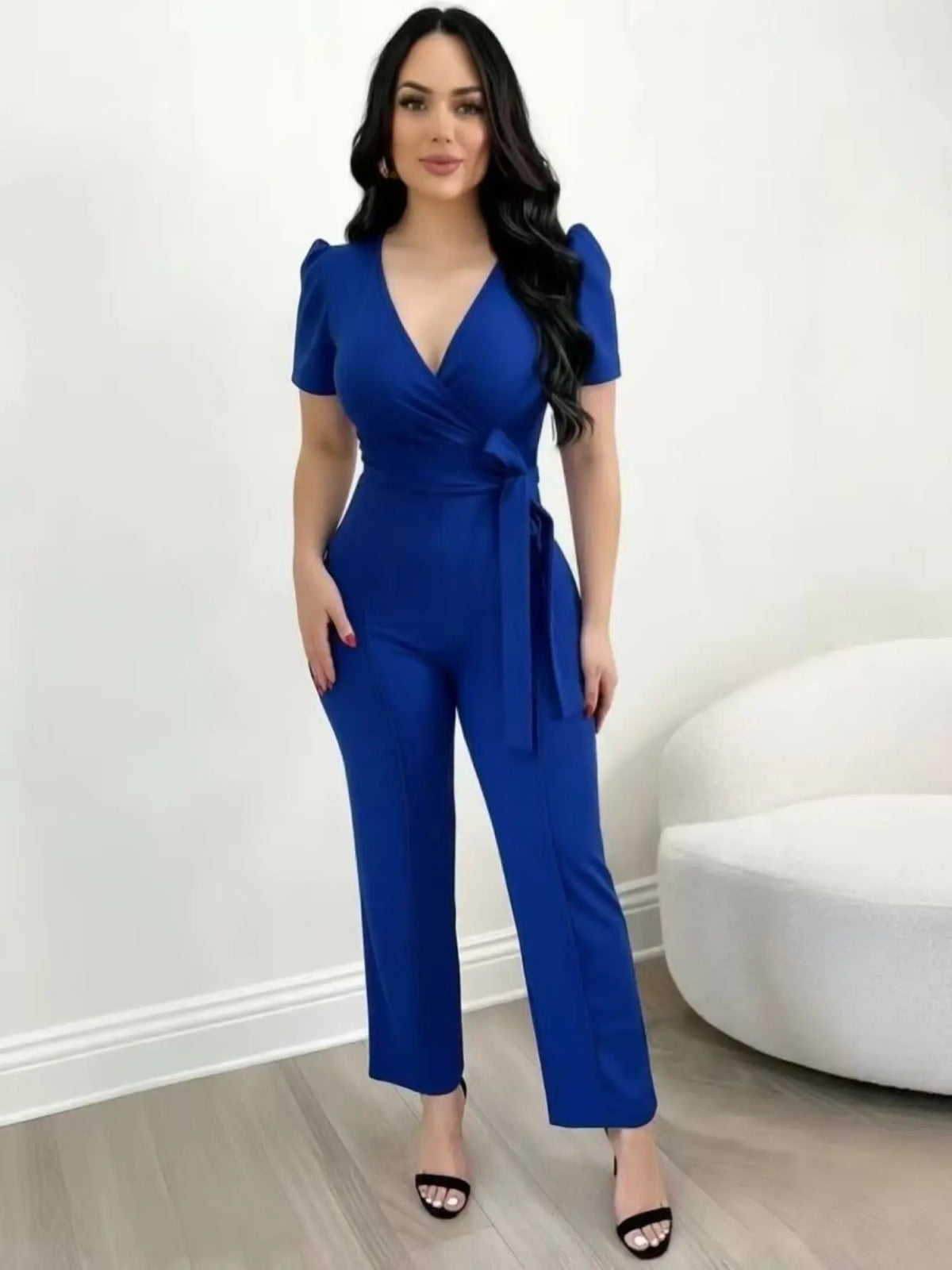High Waist Belted Puff Sleeve Jumpsuit – Deep V-Neck Wrap Jumpsuit