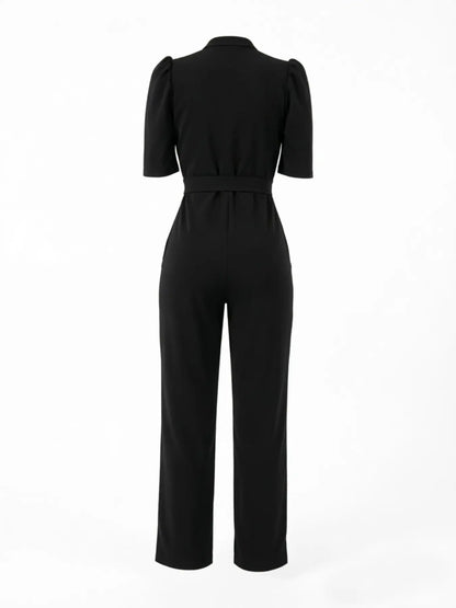 High Waist Belted Puff Sleeve Jumpsuit – Deep V-Neck Wrap Jumpsuit
