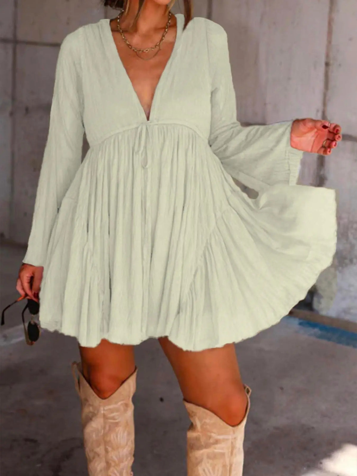 V-Neck Long Sleeve Mini Dress with Pants Lining – Vintage Chic Dress