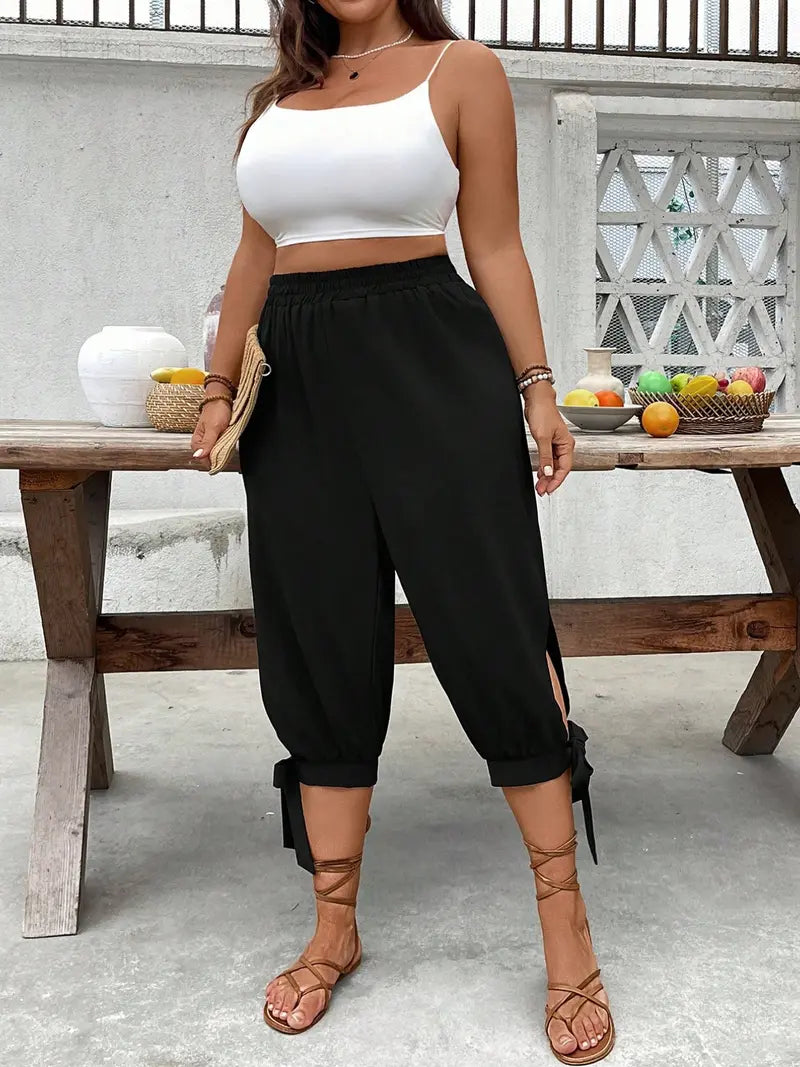 Wide-Leg Capri Pants - Casual Elastic Waist Trousers with Side Slit & Bow Detail