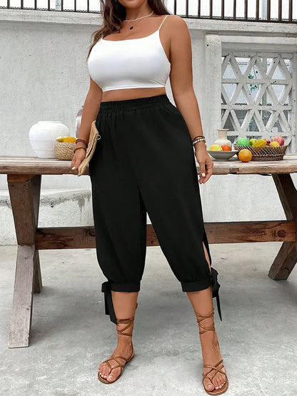 Wide-Leg Capri Pants - Casual Elastic Waist Trousers with Side Slit & Bow Detail