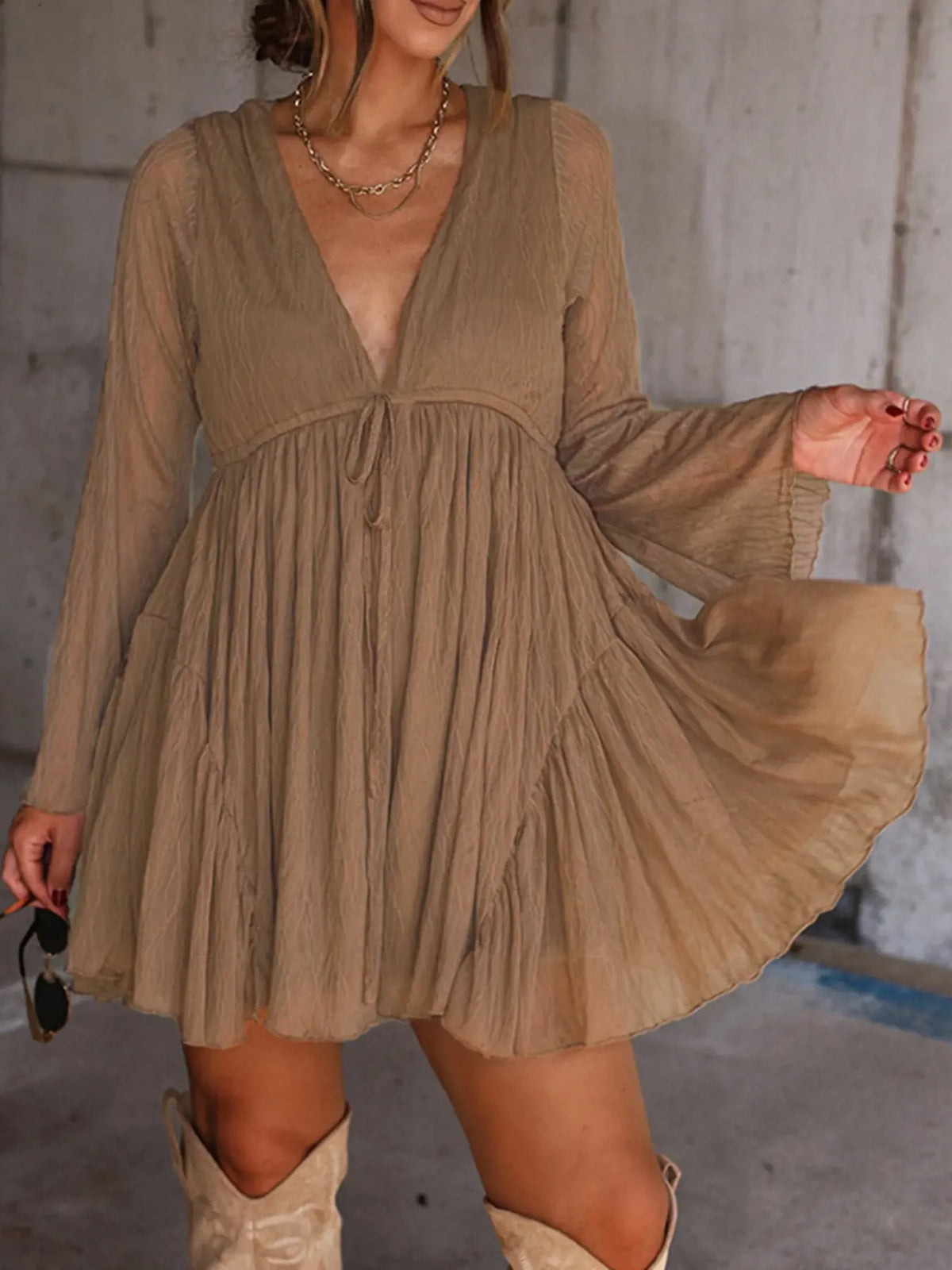 V-Neck Long Sleeve Mini Dress with Pants Lining – Vintage Chic Dress