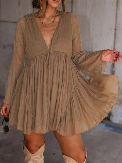 V-Neck Long Sleeve Mini Dress with Pants Lining – Vintage Chic Dress