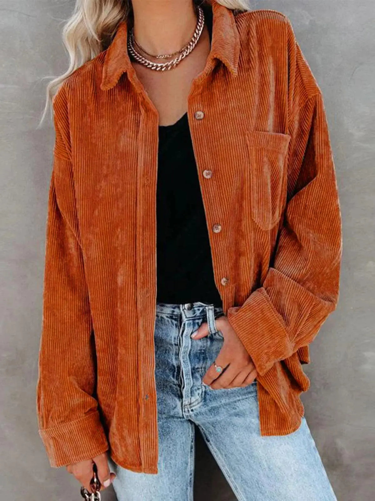 Corduroy Button Collared Blouse – Oversized Long Sleeve Shirt with Pocket
