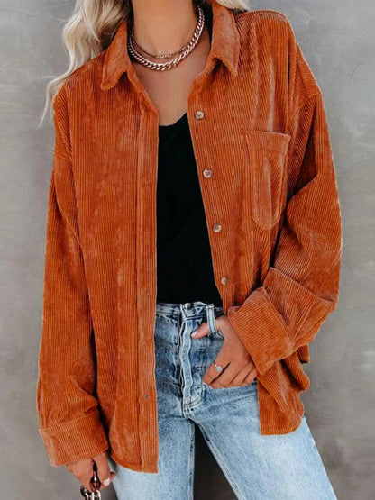 Corduroy Button Collared Blouse – Oversized Long Sleeve Shirt with Pocket