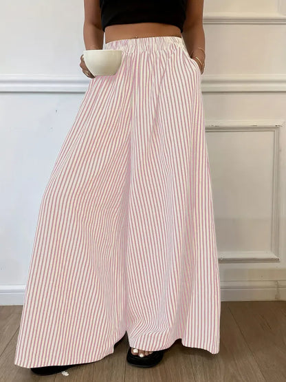 Women's Vertical Striped Wide Leg Pants – Casual Elastic Waist Loose-Fit Trousers