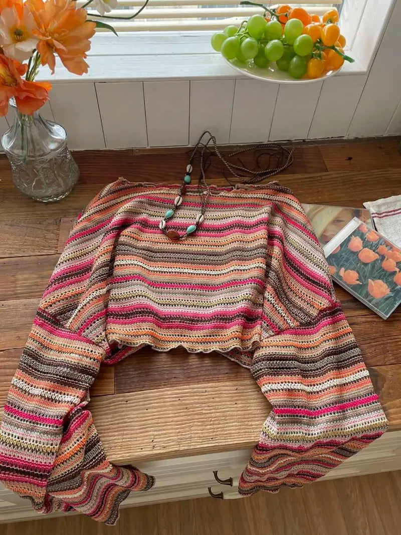 Colourful Striped Knit Top – Textured Flare Sleeve Pullover