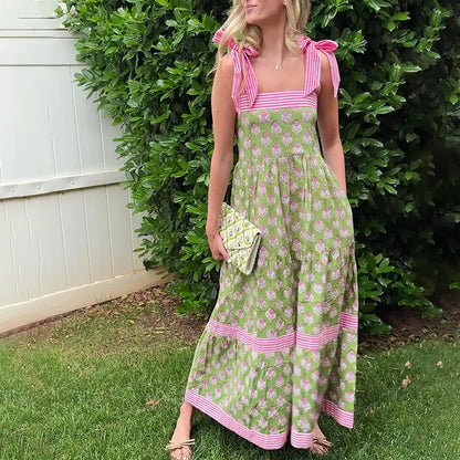 Boho Floral Tiered Maxi Dress – Flowy Sleeveless Sundress with Pockets