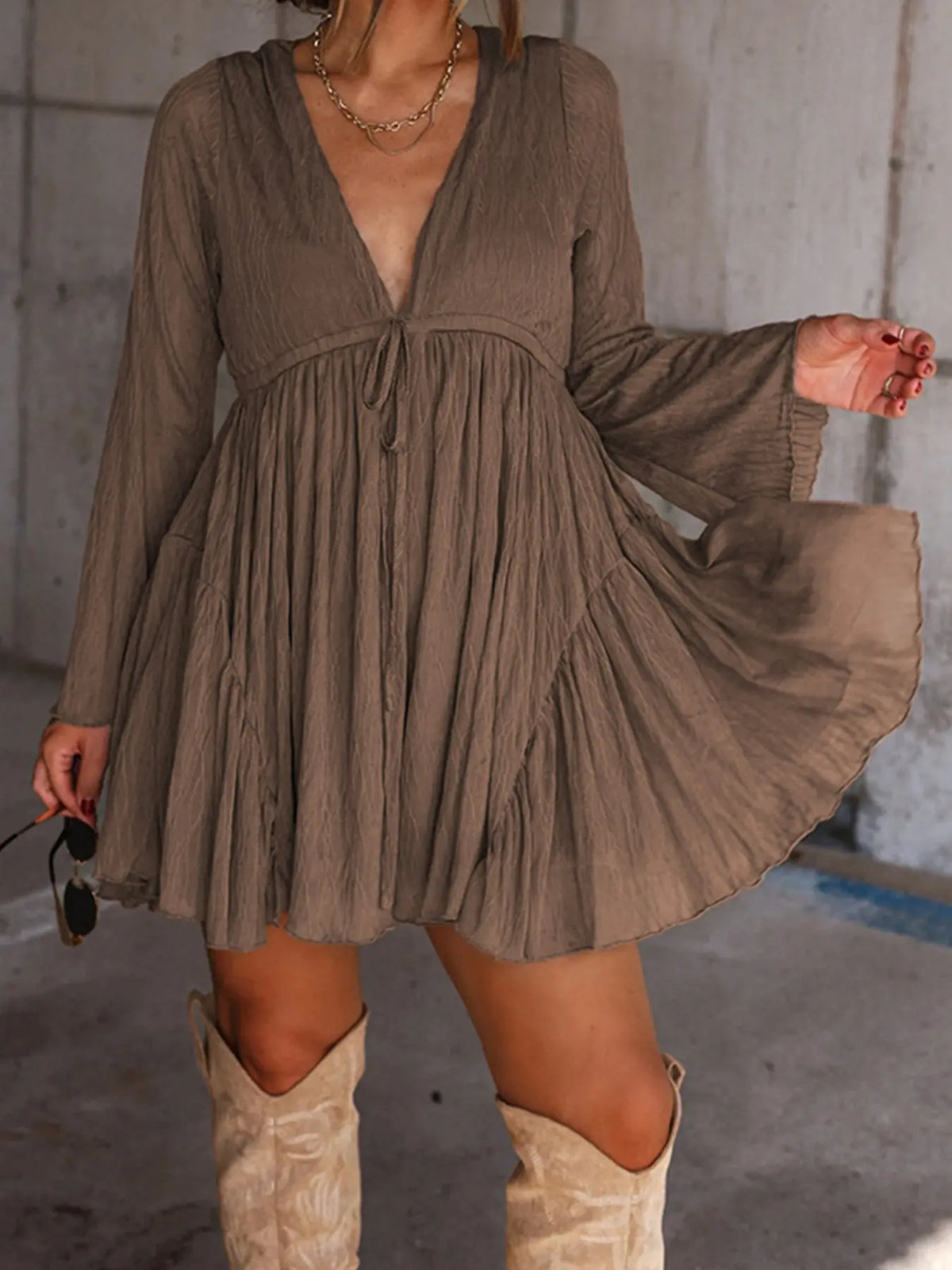 V-Neck Long Sleeve Mini Dress with Pants Lining – Vintage Chic Dress