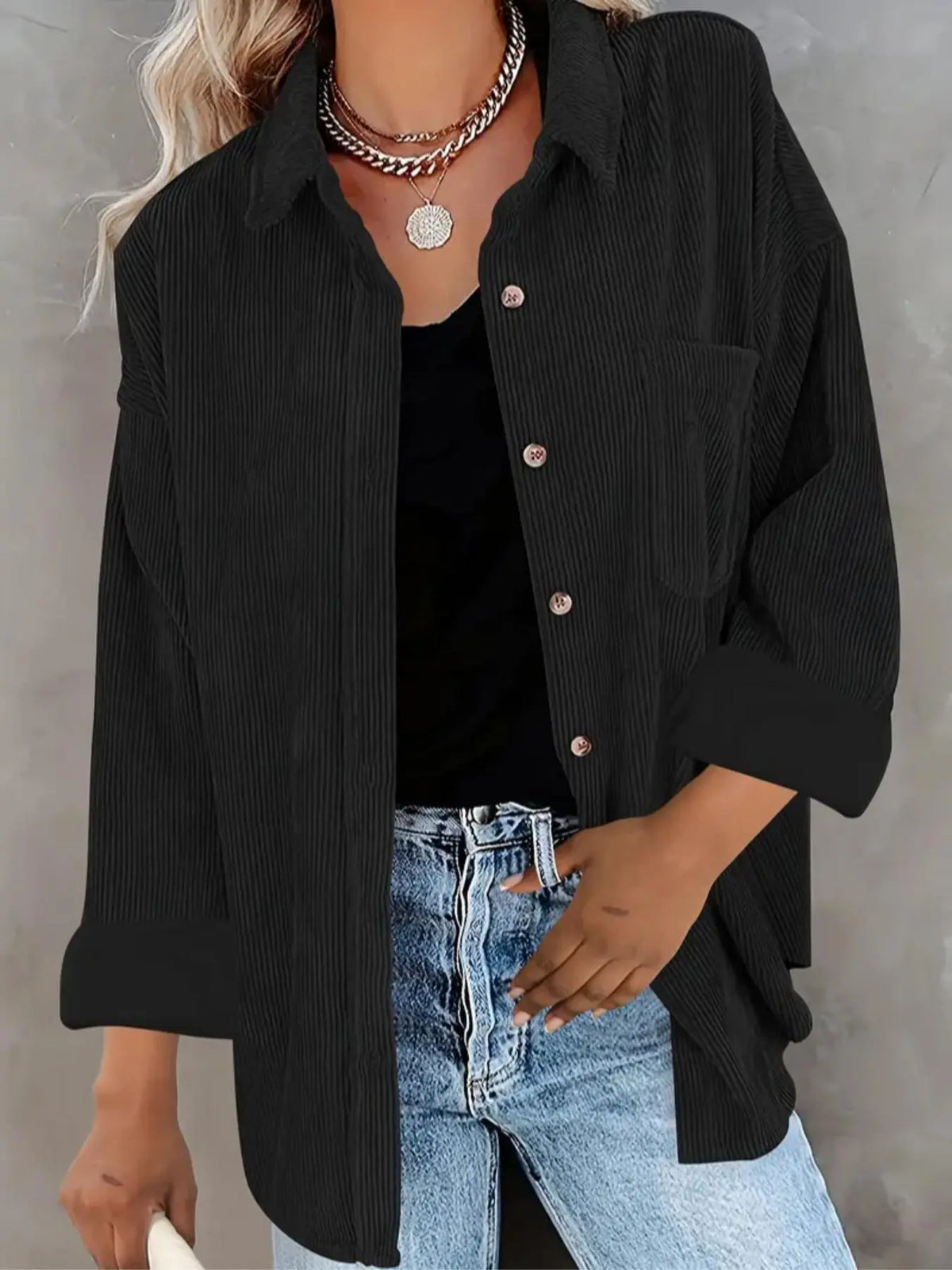 Corduroy Button Collared Blouse – Oversized Long Sleeve Shirt with Pocket