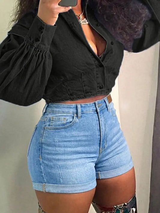 Light Wash Denim Shorts – Stretch Rolled Hem Casual Summer Shorts