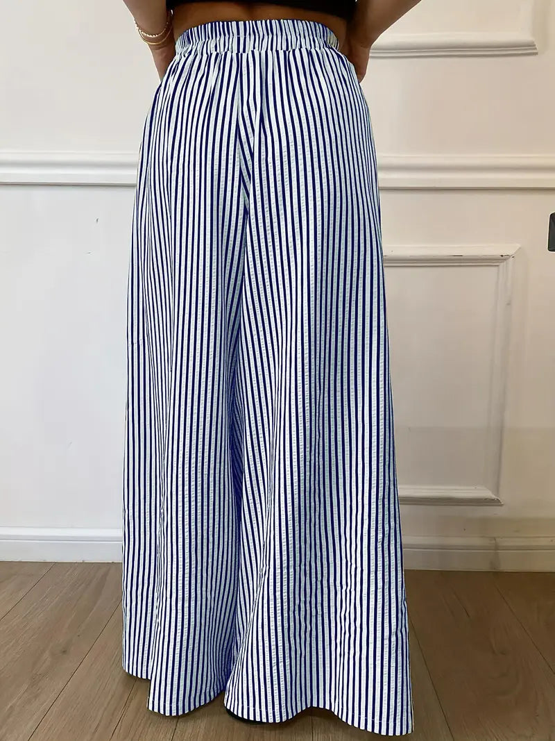Women's Vertical Striped Wide Leg Pants – Casual Elastic Waist Loose-Fit Trousers